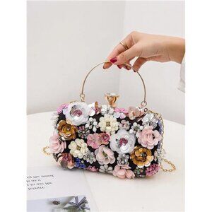 NEW - Elegant Handmade Pearl Embroidered Floral Evening Clutch Purse,